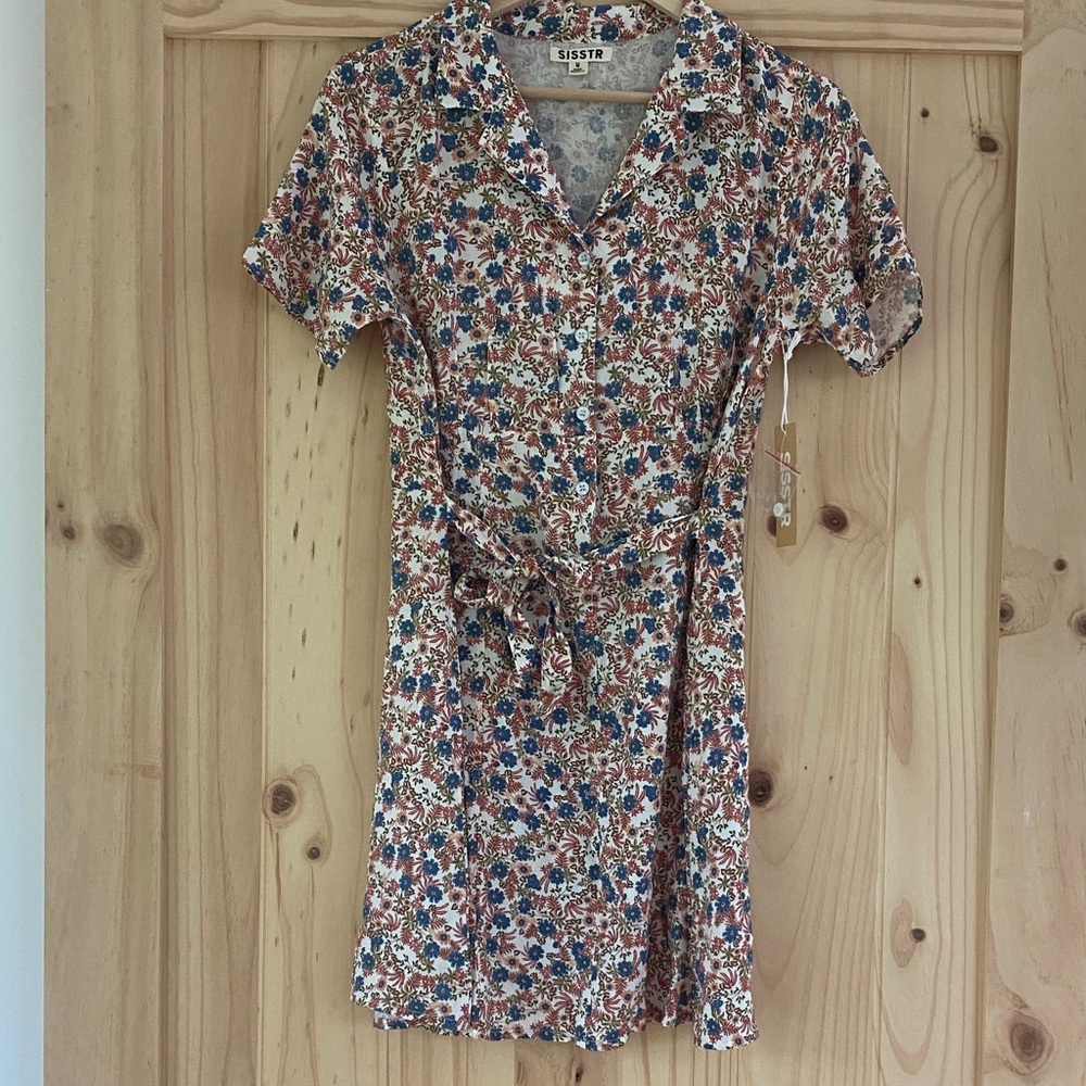 Sisstr Floral Button-Front Mini Dress in Cream with Blue & Rust Print